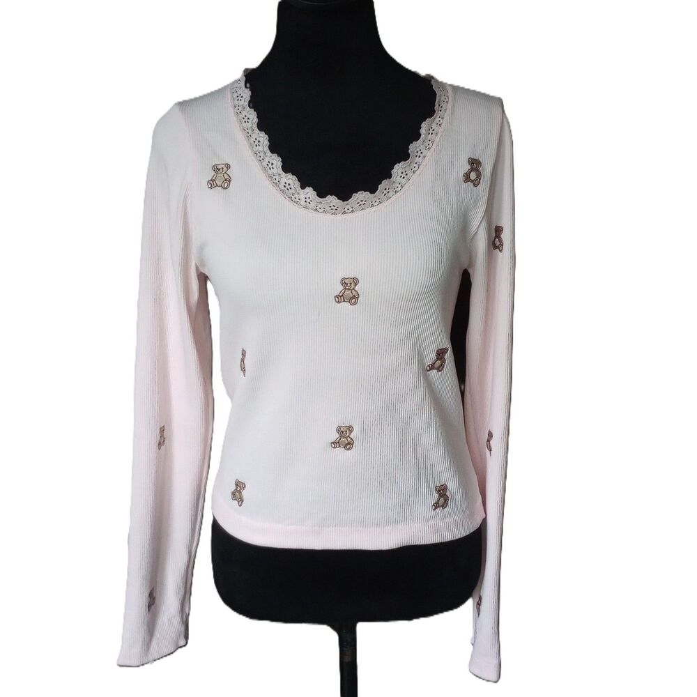 Fct With Love Basics Women's L Pink Ribbed Top With Embroidered Teddy Bears